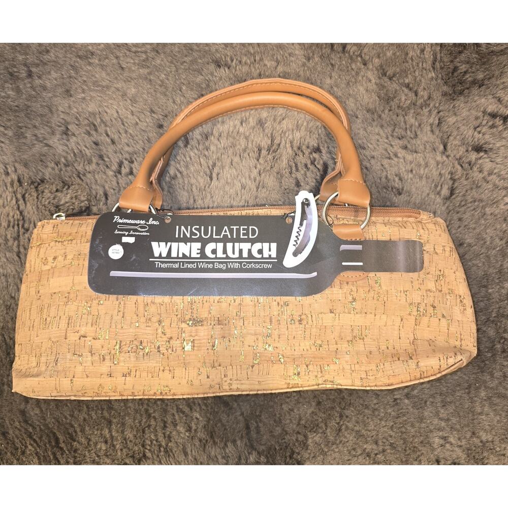 Primeware Thermal Insulated Wine Bag Clutch Tote w/Corkscrew -Cork Gold -NEW